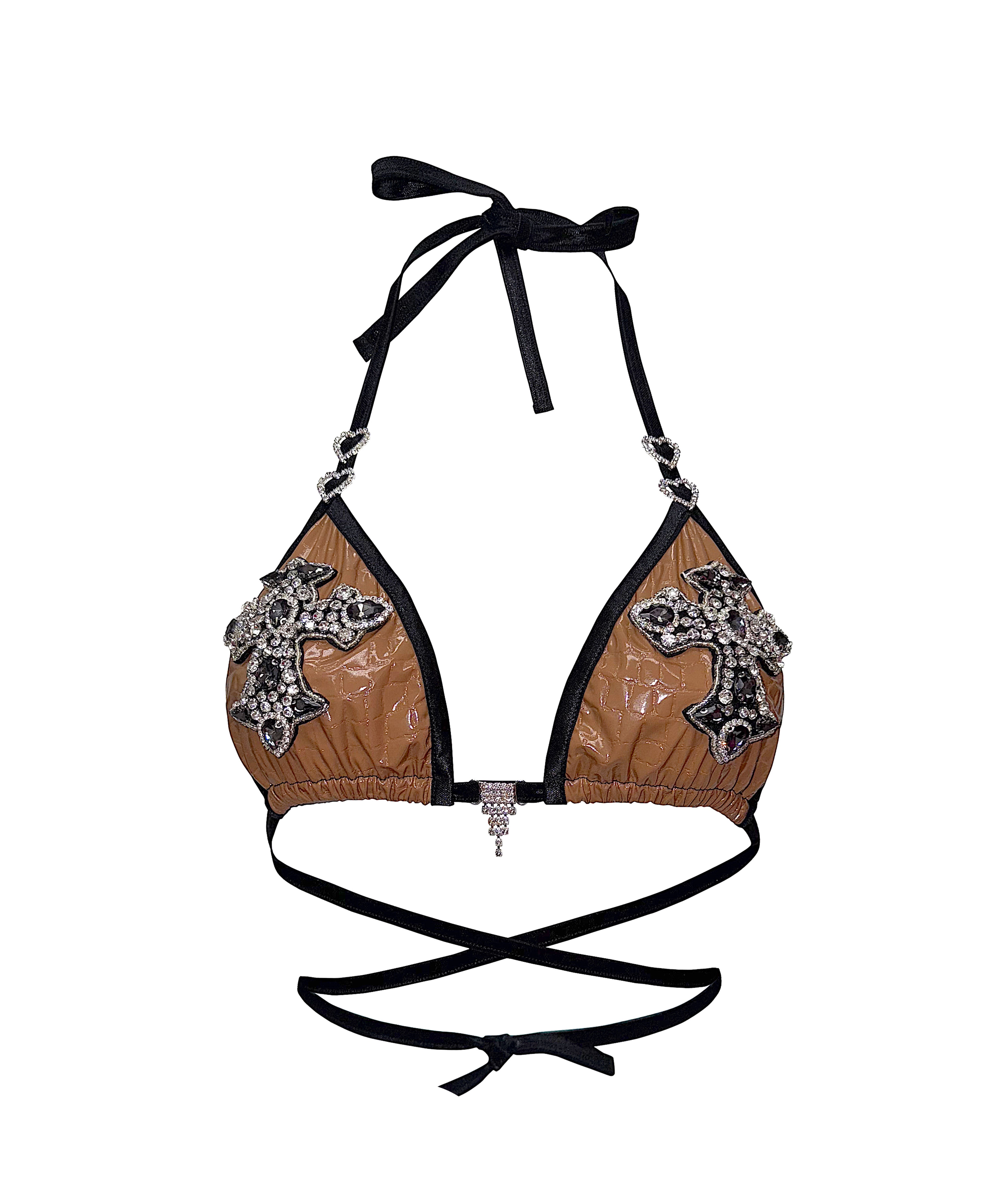 CROSS RHINESTONE BRA TOFFEE