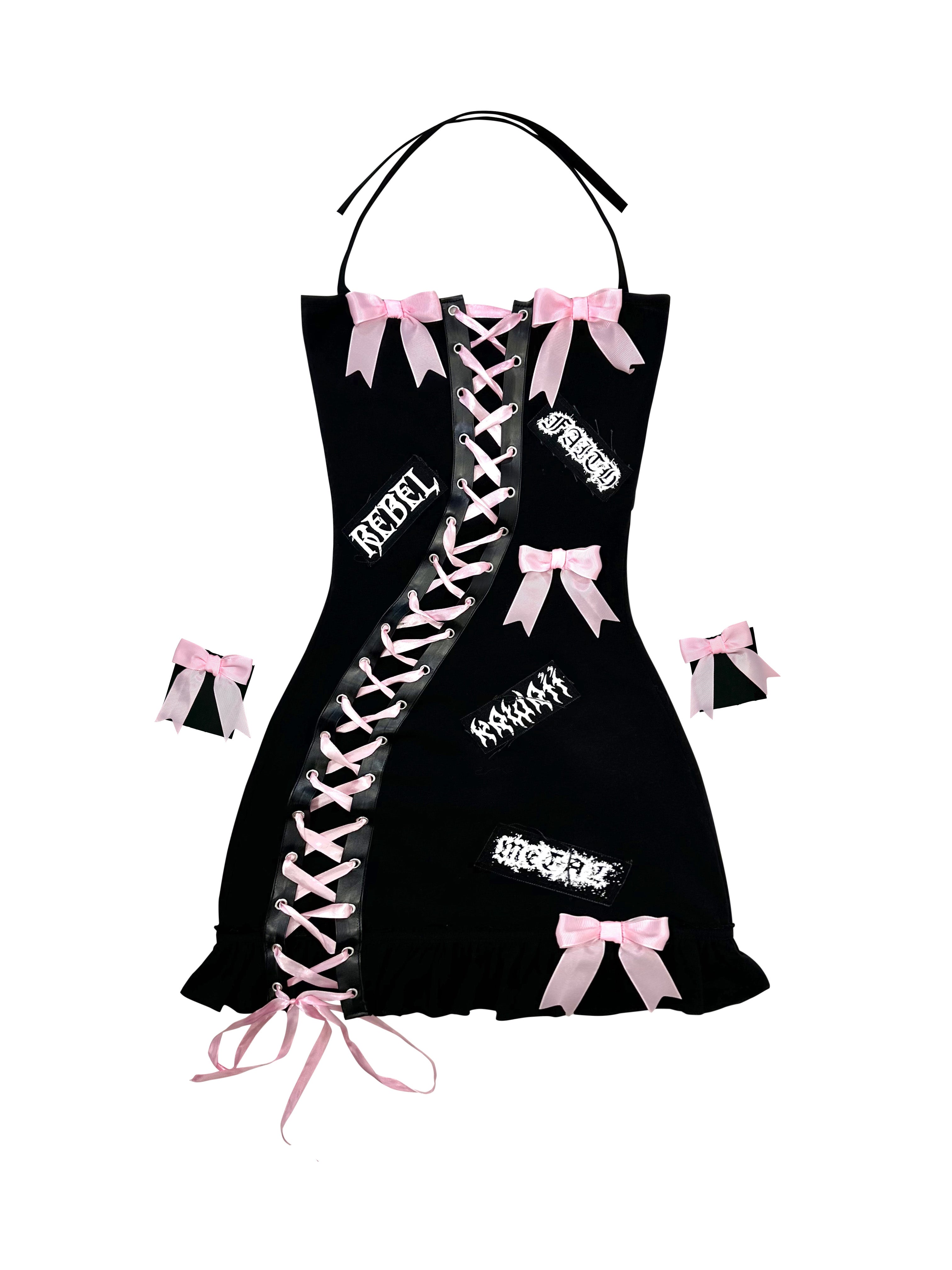 BB DOLL BOW LACE-UP MINI DRESS with patches