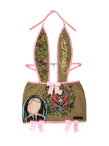 ED HARDY OLIVE & PINK  HALTER SKULL DRESS