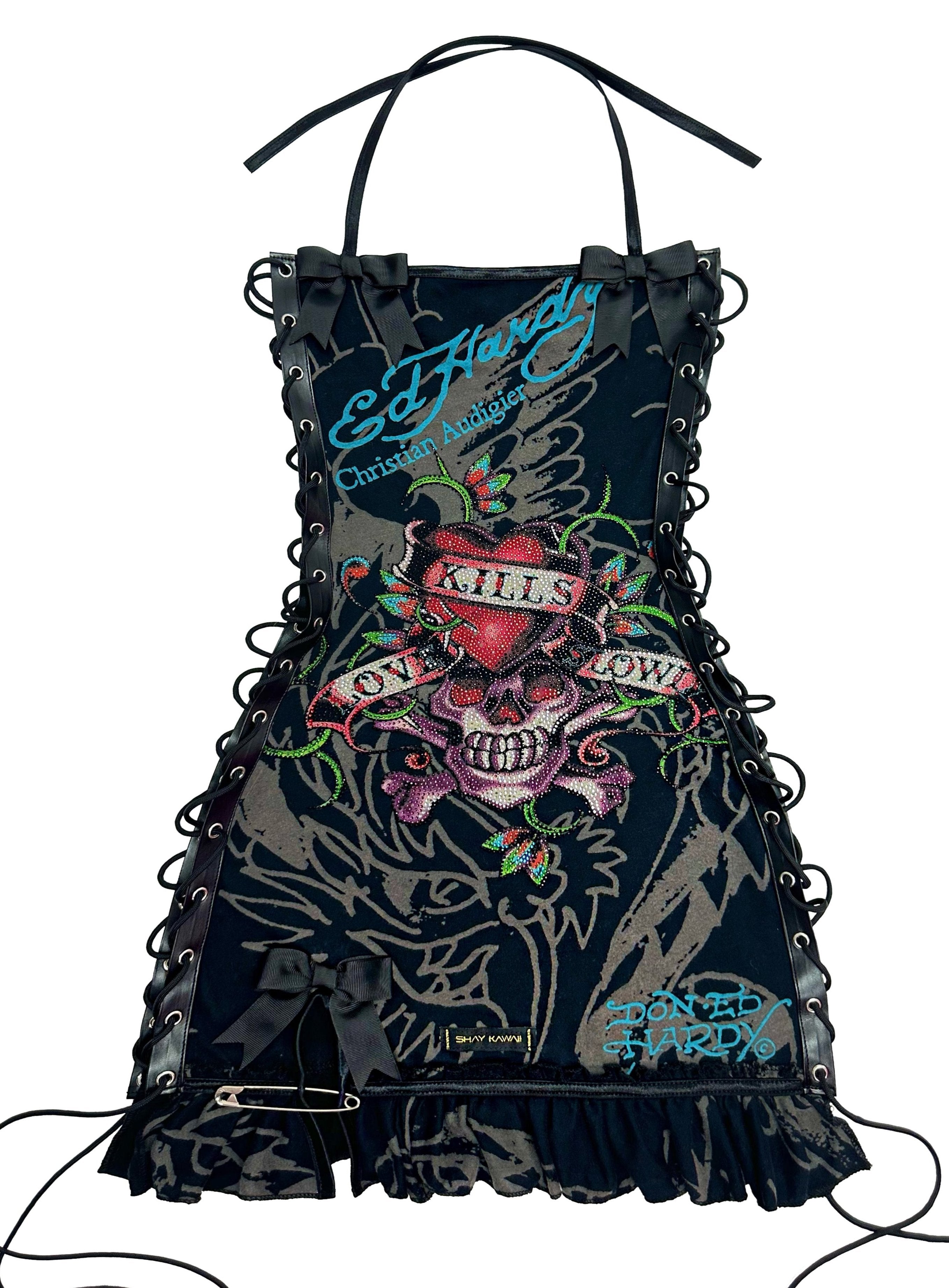 KUSTOM ED HARDY BLACK RHINESTONE SKULL DRESS