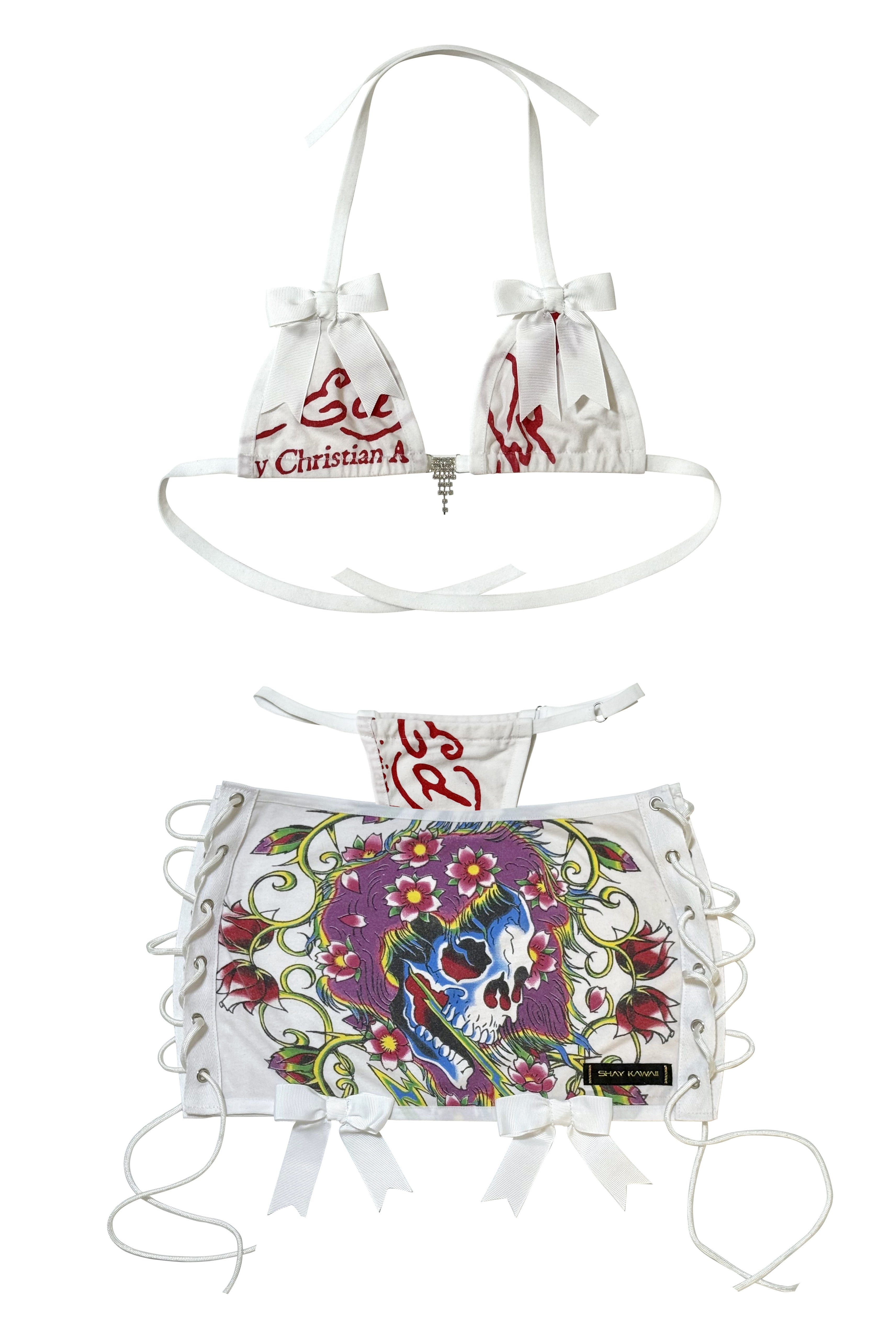ED HARDY WHITE SKULL & FLOWER SKIRT SET