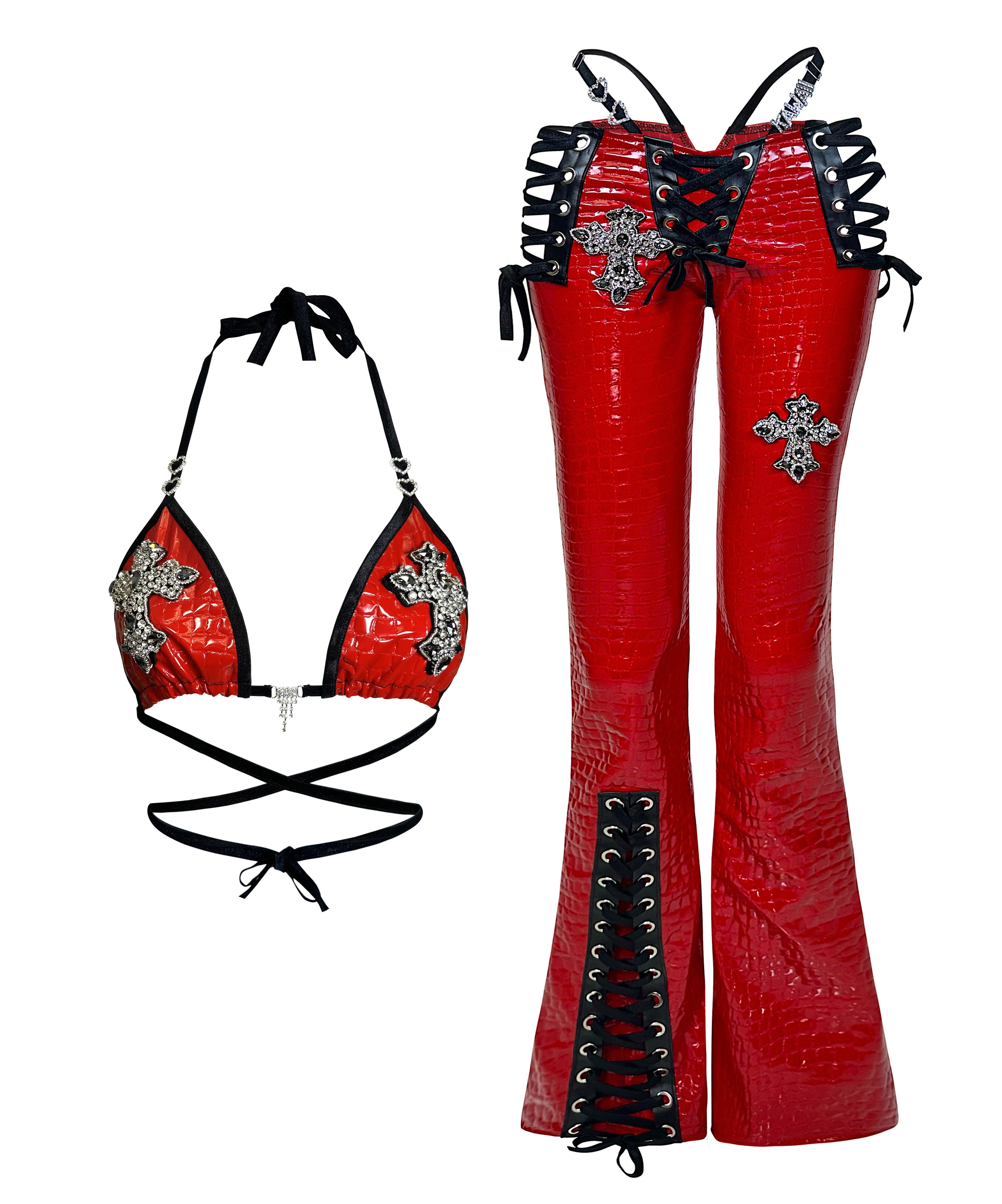 CROSS RHINESTONE BRA RED